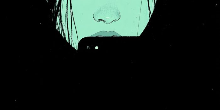 ChatGPT提示词_一幅极简风格的女性面孔和长发的插图，她在黑暗中看手机屏幕_chatgpt会员价格缩略图