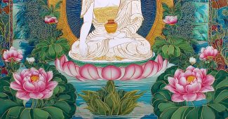 ChatGPT提示词_白色释迦牟尼佛的唐卡画作，坐在莲花上，周围有绿色叶子和粉色玫瑰，背景是蓝色，头后有金色光环，底部有水中的莲花，色彩鲜艳_gpt会员充值缩略图