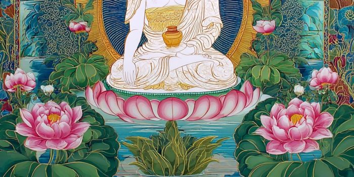 AI提示词_白色释迦牟尼佛的唐卡画作，坐在莲花上，周围有绿色叶子和粉色玫瑰，背景是蓝色，头后有金色光环，底部有水中的莲花，色彩鲜艳_gpt会员充值缩略图