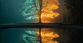 ChatGPT提示词_黑暗森林中一棵被雾气环绕的大树，温暖的光芒照亮夜晚_chatgpt5.1缩略图