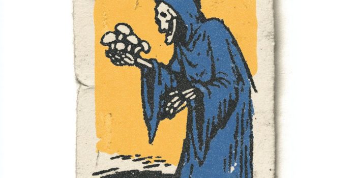 ChatGPT提示词_一幅鬼怪死神的卡通画，穿着蓝色长袍，手里举着蘑菇_chatgpt在线网页版官方缩略图