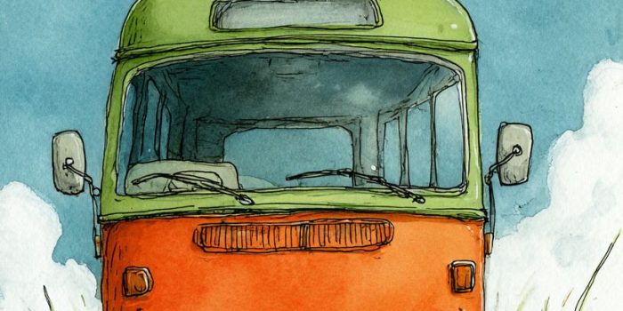 ChatGPT提示词_春天充满活力，一辆简单清新的巴士和一只坐在草地上的可爱白猫_chatgpt下栽缩略图