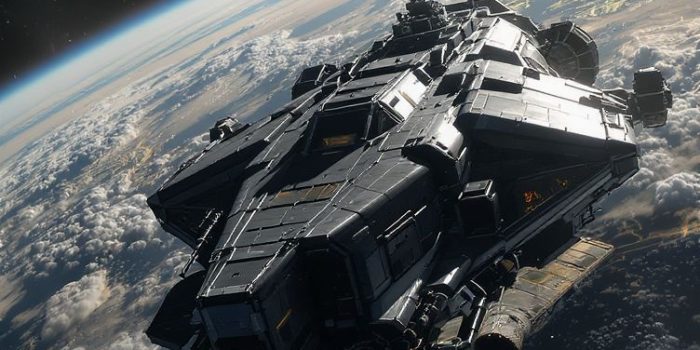 ChatGPT提示词_一艘粗犷的宇宙飞船在云层覆盖的星球上空翱翔_人工智能chatgpt5缩略图