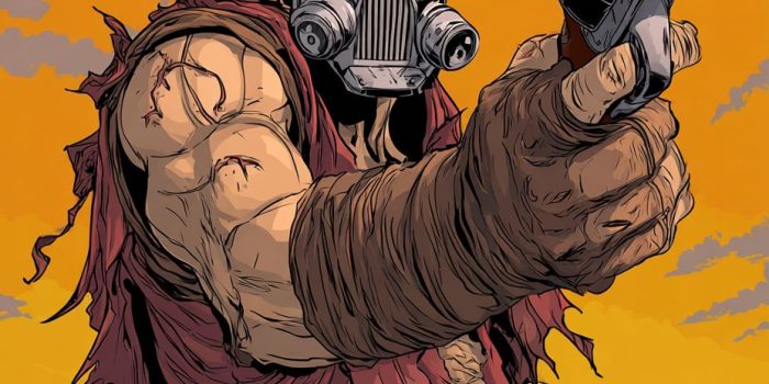 ChatGPT提示词_一幅90年代美国卡通风格的插图，描绘了一位后末日战士，带着金属面具和破旧的棕色衣服，手持双管猎枪_chatgptplus缩略图