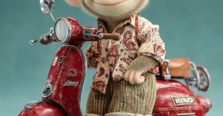 ChatGPT提示词_可爱的微笑猴子骑着红色的维斯帕摩托车，穿着喇叭裤和佩斯利衬衫，注视着我_chatgpt会员怎么购买缩略图