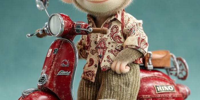 ChatGPT提示词_可爱的微笑猴子骑着红色的维斯帕摩托车，穿着喇叭裤和佩斯利衬衫，注视着我_chatgpt会员怎么购买缩略图