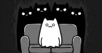 ChatGPT提示词_一只可爱的白猫坐在沙发上，几只黑猫在后面盯着它_gpt会员多少钱一个月缩略图