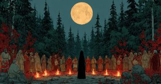 ChatGPT提示词_一个黑发直发女孩站在胡闹舞圈中央，周围是穿着各种传统服装的萨满，场景被火把照亮，满月挂在森林的天空上_chatgpt会员版不能推理缩略图