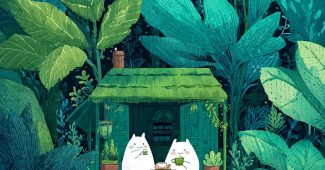 ChatGPT提示词_小绿房子漂浮在水面上，里面有两个可爱的白色卡通角色饮茶_chatgpt入口缩略图