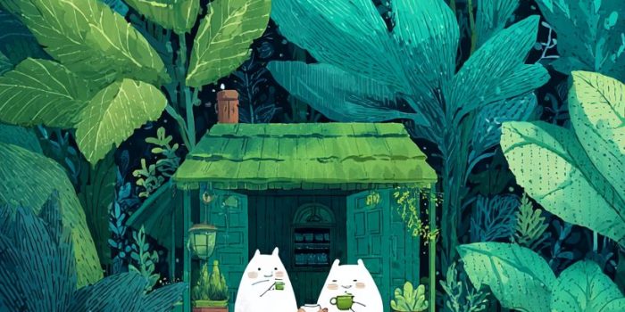 ChatGPT提示词_小绿房子漂浮在水面上，里面有两个可爱的白色卡通角色饮茶_chatgpt入口缩略图