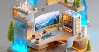 ChatGPT提示词_现代办公桌设有超宽曲面显示器和机械键盘_chatgpt中文版缩略图