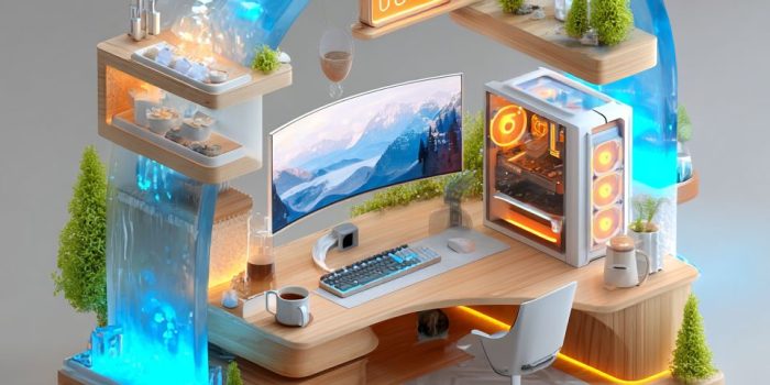 ChatGPT提示词_现代办公桌设有超宽曲面显示器和机械键盘_chatgpt中文版缩略图