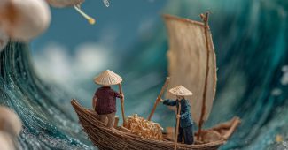 ChatGPT提示词_在微型世界中，一只用蛋壳制作的小船在海上航行，两个人物用豆芽制成的桨划船_国内如何买gpt会员卡便宜缩略图