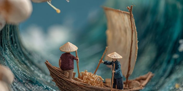 ChatGPT提示词_在微型世界中，一只用蛋壳制作的小船在海上航行，两个人物用豆芽制成的桨划船_国内如何买gpt会员卡便宜缩略图