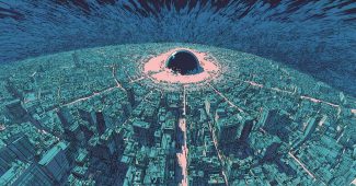 ChatGPT提示词_东京中心的1980年代风格，密集的建筑和房屋中有一个黑色半圆形球体，周围环绕着烟雾和风的波动_chatgpt会员版不能推理缩略图