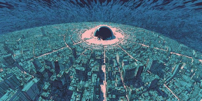 ChatGPT提示词_东京中心的1980年代风格，密集的建筑和房屋中有一个黑色半圆形球体，周围环绕着烟雾和风的波动_chatgpt会员版不能推理缩略图