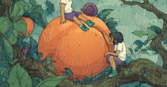 ChatGPT提示词_一幅鸟瞰图展示了一个大橙色杏子和一个穿白色上衣、紫色短裤的女孩_chatgpt官网中文版缩略图