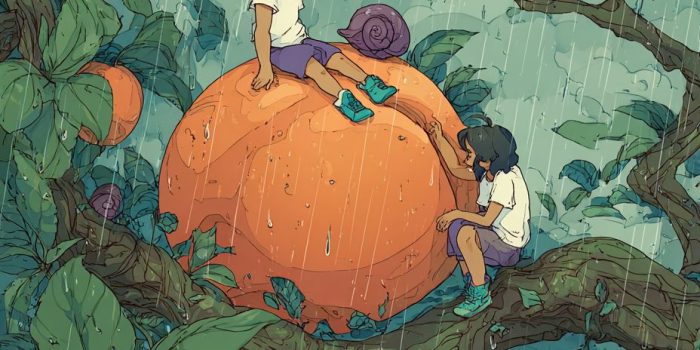 ChatGPT提示词_一幅鸟瞰图展示了一个大橙色杏子和一个穿白色上衣、紫色短裤的女孩_chatgpt官网中文版缩略图