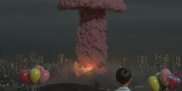 ChatGPT提示词_一个小孩在前景中仰望着一个由粉色棉花糖、旋转木马、橡胶鸭子、彩色气球、棒棒糖和派对帽组成的超现实主义蘑菇云爆炸，背景是日落时分的城市天际线_chatgpt会员收费标准缩略图