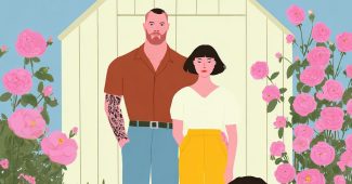 ChatGPT提示词_一对情侣在花园中的木棚旁，身旁有大型黑狗和巧克力拉布拉多_chatgpt5缩略图