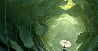 ChatGPT提示词_在梦幻的场景中，一位渔夫撑着白伞，另一位学者在旋转的莲叶隧道中划船_怎么获取chatgptplus缩略图