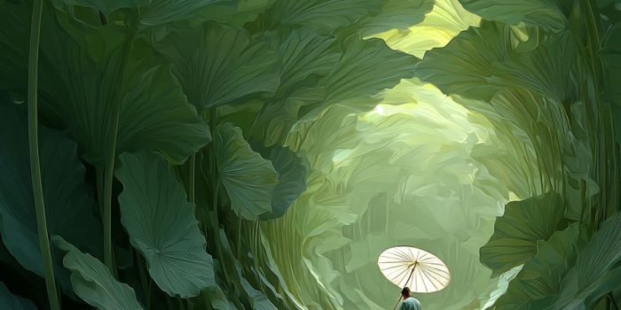 ChatGPT提示词_在梦幻的场景中，一位渔夫撑着白伞，另一位学者在旋转的莲叶隧道中划船_怎么获取chatgptplus缩略图