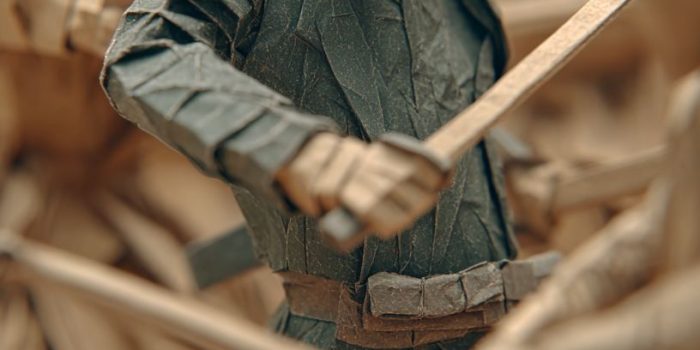 AI提示词_约翰·威克中的折纸风格战斗场景，折纸版基努·里维斯手持武士刀与刺客群战斗_chatgpt官网中文版缩略图