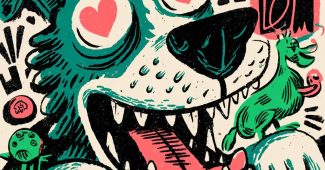 ChatGPT提示词_一幅大胆的平面插图描绘了一只大风格化的狗，展现出夸张的特征和有趣的表情_chatgpt会员怎么开通缩略图