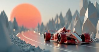 ChatGPT提示词_一辆低多边形的赛车模型，采用干净的三角形面构建，呈现平坦的红色和铬灰色调，置于简约的环境中_如何购买gpt会员缩略图