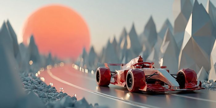 ChatGPT提示词_一辆低多边形的赛车模型，采用干净的三角形面构建，呈现平坦的红色和铬灰色调，置于简约的环境中_如何购买gpt会员缩略图