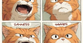 ChatGPT提示词_四个面孔的橙色猫表达喜、怒、哀、乐_chatgpt.com官网缩略图