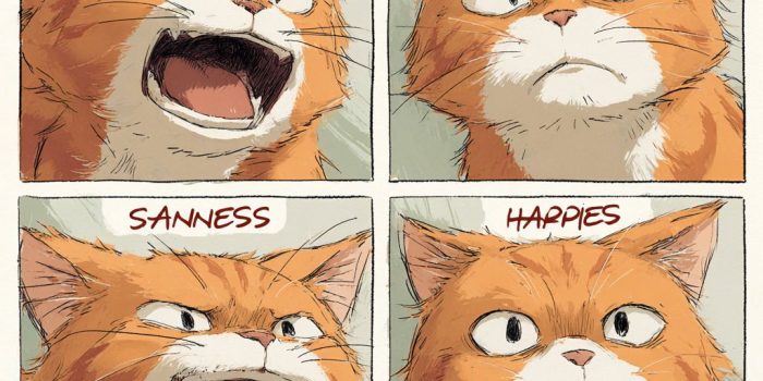 ChatGPT提示词_四个面孔的橙色猫表达喜、怒、哀、乐_chatgpt.com官网缩略图