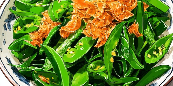 AI提示词_这幅插画展示了新鲜的青椒和金黄色的 shredded meat 摆在白色瓷盘中的对称布局_chatgpt会员多少钱缩略图