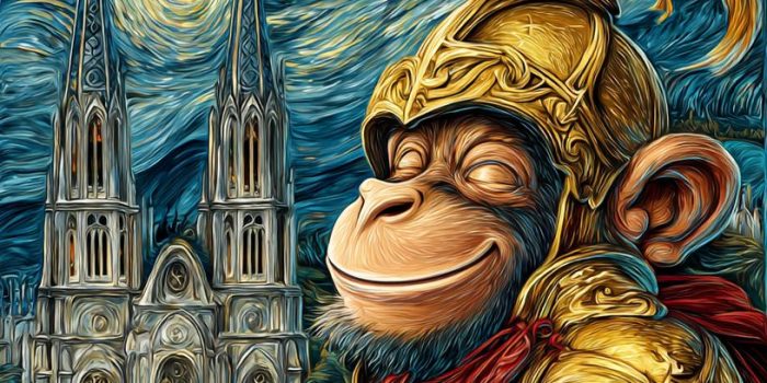 ChatGPT提示词_一个快乐的猴子战士穿着金色盔甲和红色斗篷，手持绿色喜力啤酒罐，微笑着在星空下，背景是梵高的《阿尔勒的教堂》_chatgpt5.0网页缩略图