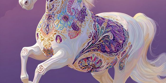 ChatGPT提示词_一匹装饰着传统波斯图案的白马在紫粉渐变的背景上奔跑_chatgpt5.0中文版缩略图