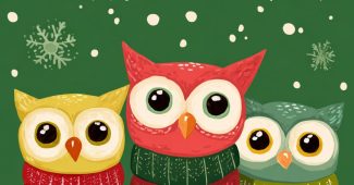 ChatGPT提示词_一张温馨的圣诞贺卡封面，上面有穿围巾的可爱卡通猫头鹰，背景呈绿色和白色，点缀着雪花，并有红色的祝福文字_chatgpt会员多少钱一年缩略图