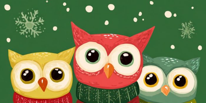 ChatGPT提示词_一张温馨的圣诞贺卡封面，上面有穿围巾的可爱卡通猫头鹰，背景呈绿色和白色，点缀着雪花，并有红色的祝福文字_chatgpt会员多少钱一年缩略图