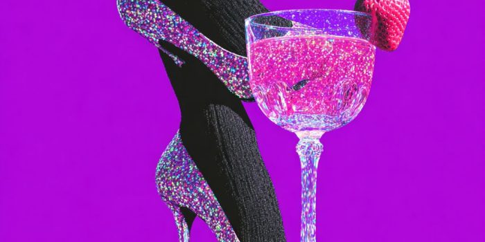 ChatGPT提示词_女性穿着高跟鞋，一只脚在地面上，另一只腿抬起，鞋子变成了装有粉色液体的玻璃杯，背景为紫色_chatgptplus怎么订阅缩略图