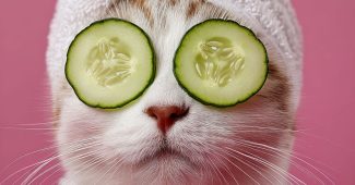 ChatGPT提示词_一只猫戴着黄瓜片，头上裹着白色毛巾，背景是粉色的，营造出温泉氛围_chatgpt中文版官网版缩略图