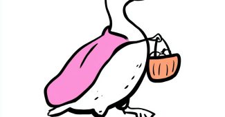 ChatGPT提示词_一只穿着粉色斗篷的成年鸭子手拿南瓜篮子往一个方向走_chatgpt会员缩略图