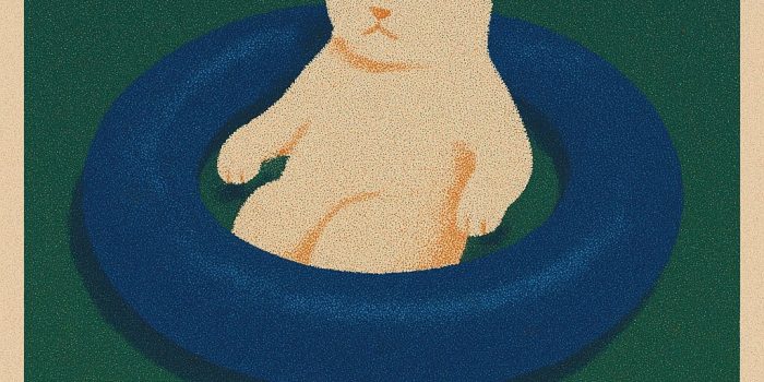 ChatGPT提示词_艺术海报《漂浮岛》，描绘一只奶油色的猫在蓝色游泳圈中漂浮于绿色表面_chatgpt5.0最新消息缩略图