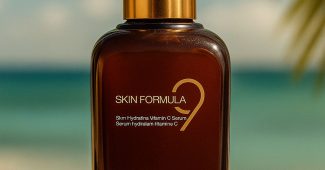 ChatGPT提示词_奢华的维生素C精华液广告展示产品瓶置于木质表面上，背景是模糊的碧绿海洋和棕榈树的阴影_chatgpt5.0手机端缩略图