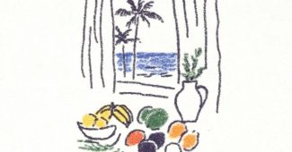 ChatGPT提示词_黑色线条艺术T恤设计，描绘丰盛热带水果的静物，背景为窗帘飘动的窗户和热带岛屿_chatgpt在线网页版官方缩略图
