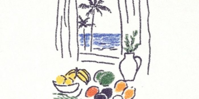 ChatGPT提示词_黑色线条艺术T恤设计，描绘丰盛热带水果的静物，背景为窗帘飘动的窗户和热带岛屿_chatgpt在线网页版官方缩略图