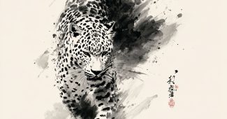 ChatGPT提示词_一只在运动中的全身豹子，尾巴和四肢流出墨水，采用传统东亚水墨画风格，表现出情感与力量_chatgpt会员费用缩略图