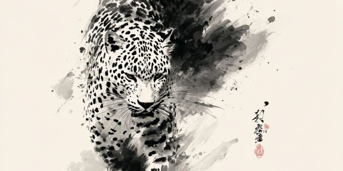 ChatGPT提示词_一只在运动中的全身豹子，尾巴和四肢流出墨水，采用传统东亚水墨画风格，表现出情感与力量_chatgpt会员费用缩略图