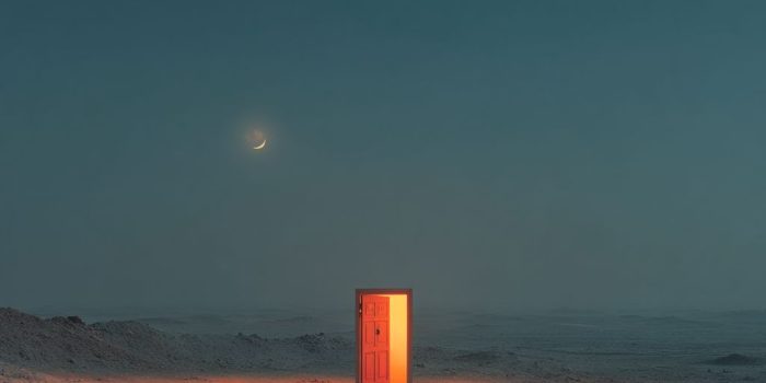 ChatGPT提示词_一扇独立的木门站在黑暗沙漠中，被明亮的橙色火焰包围，上方是深蓝色的暮光天空_chatgpt官网在线网页版缩略图