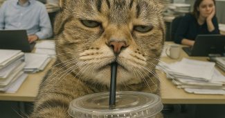 ChatGPT提示词_一只放松的猫咪在办公室里懒洋洋地喝着 iced coffee，展现了月曜无精打采的幽默感_国内如何开通gpt会员卡缩略图