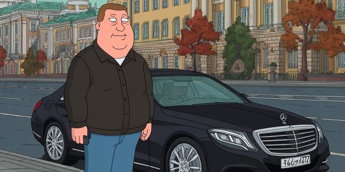 AI提示词_一位俄罗斯白人以家庭伙伴或美国爸爸的卡通风格站在莫斯科，面前是一辆梅赛德斯-奔驰，看起来像个黑帮分子_gpt会员购买缩略图