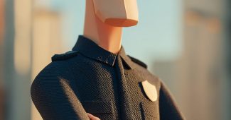 ChatGPT提示词_一个身穿低多边形警帽和制服的男性无特征3D模特在街道环境中站立_chatgpt入口缩略图